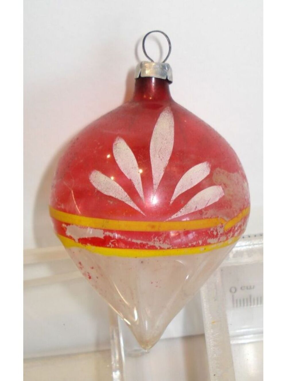 Vintage W. Germany Finial Parachute Fluted Red & Clear Glass Christmas Ornament